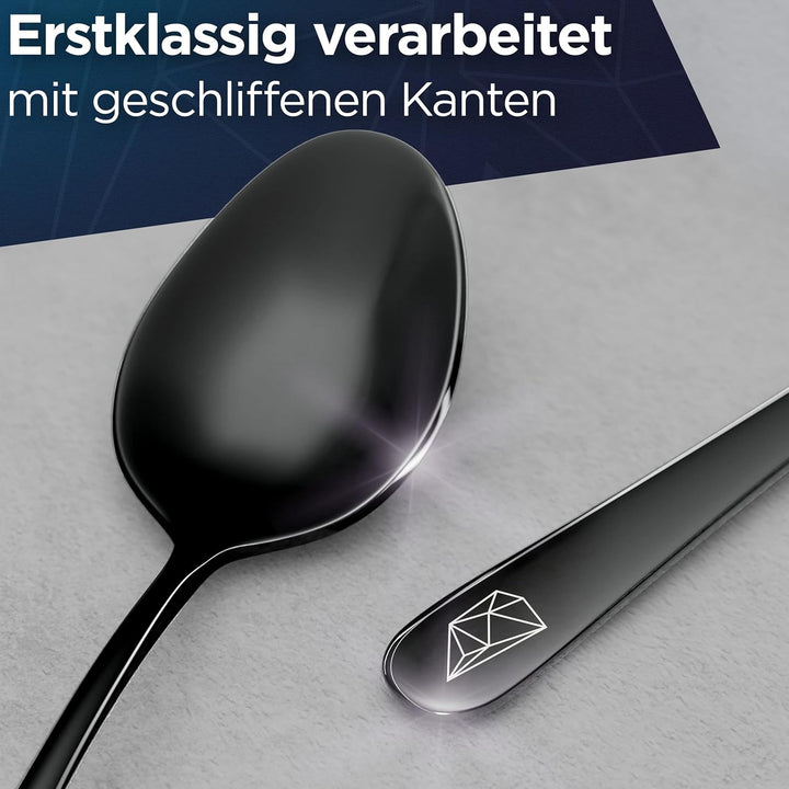 Glavory - Besteck Set 6 Personen Schwarz Hochglanz - 30teilig - Besteckset Spülmaschinenfest aus ros