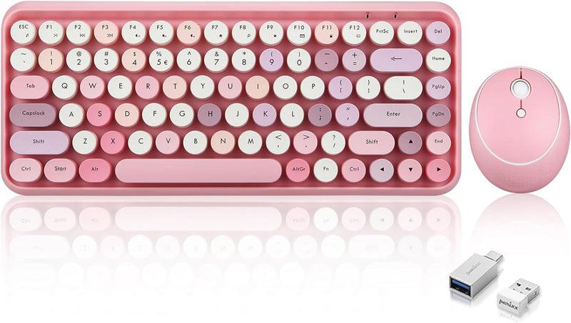 Perixx PERIDUO-713PK Wireless Mini Keyboard and Mouse Combo - Retro Round Key Caps - Pastel Pink - U