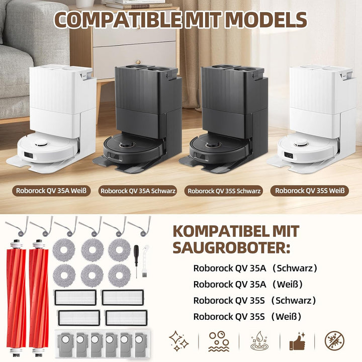 26 Stück Zubehörset für Roborock QV 35A / QV 35S Saugroboter, Ersatzubehör 2 Hauptbürste 6 Wischpad