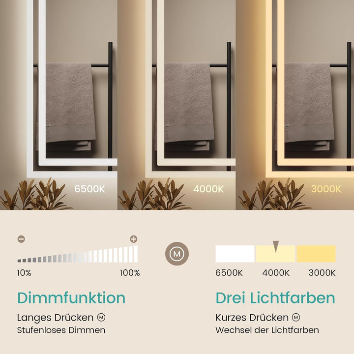 EMKE® 4 in 1 Badspiegel mit Beleuchtung 60x80cm LED Lichtspiegel mit 3000K/4000K/6500K Touch+Dimmbar