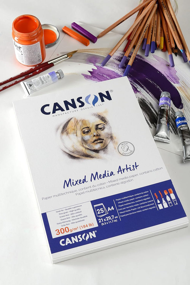 Canson Mix Media Artist Block, A4, 15 Blatt, 10% fein, 600 g