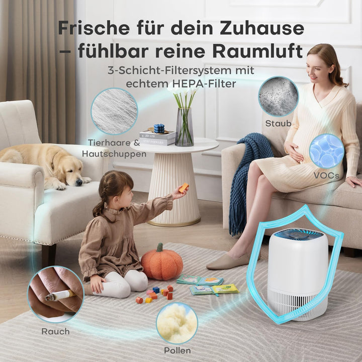 AROEVE Luftreiniger mit H13 HEPA 3-Stufen-Filter, Luftreiniger für Schlafzimmer, 5W Energieverbrauch