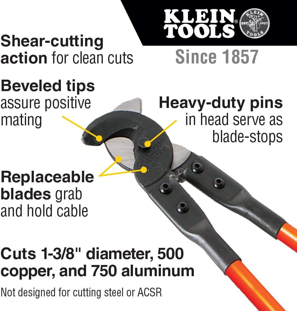 Klein Tools 63041 | Standard‑Kabelschneider 65cm | Schneidet bis 380mm² Alu &amp; 254mm² Kupfer | Fiberg