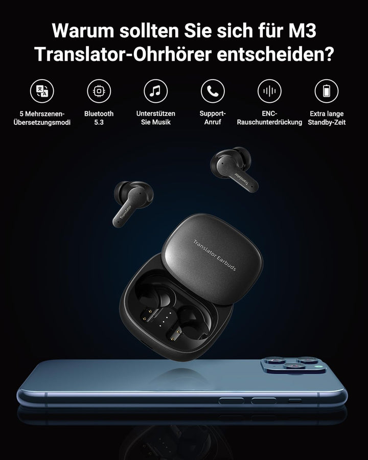Wooask M3 AI Kopfhörer Übersetzer, 3-in-1 Echtzeit Sprachübersetzer Kopfhörer mit 144 Sprachen, 48H