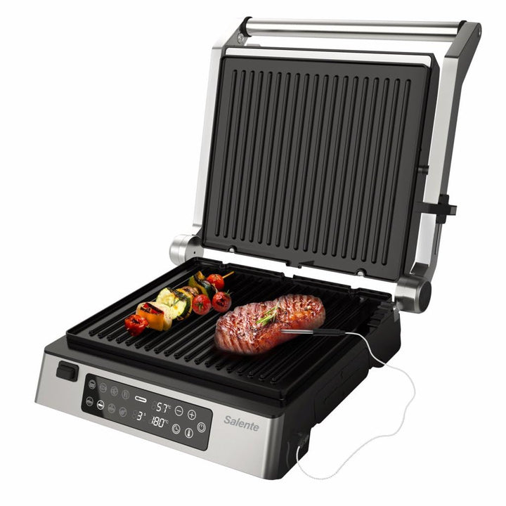 FlamePro Kontaktgrill mit externem Temperaturfühler, 8 Programme, antihaftbeschichtete Grillplatte,
