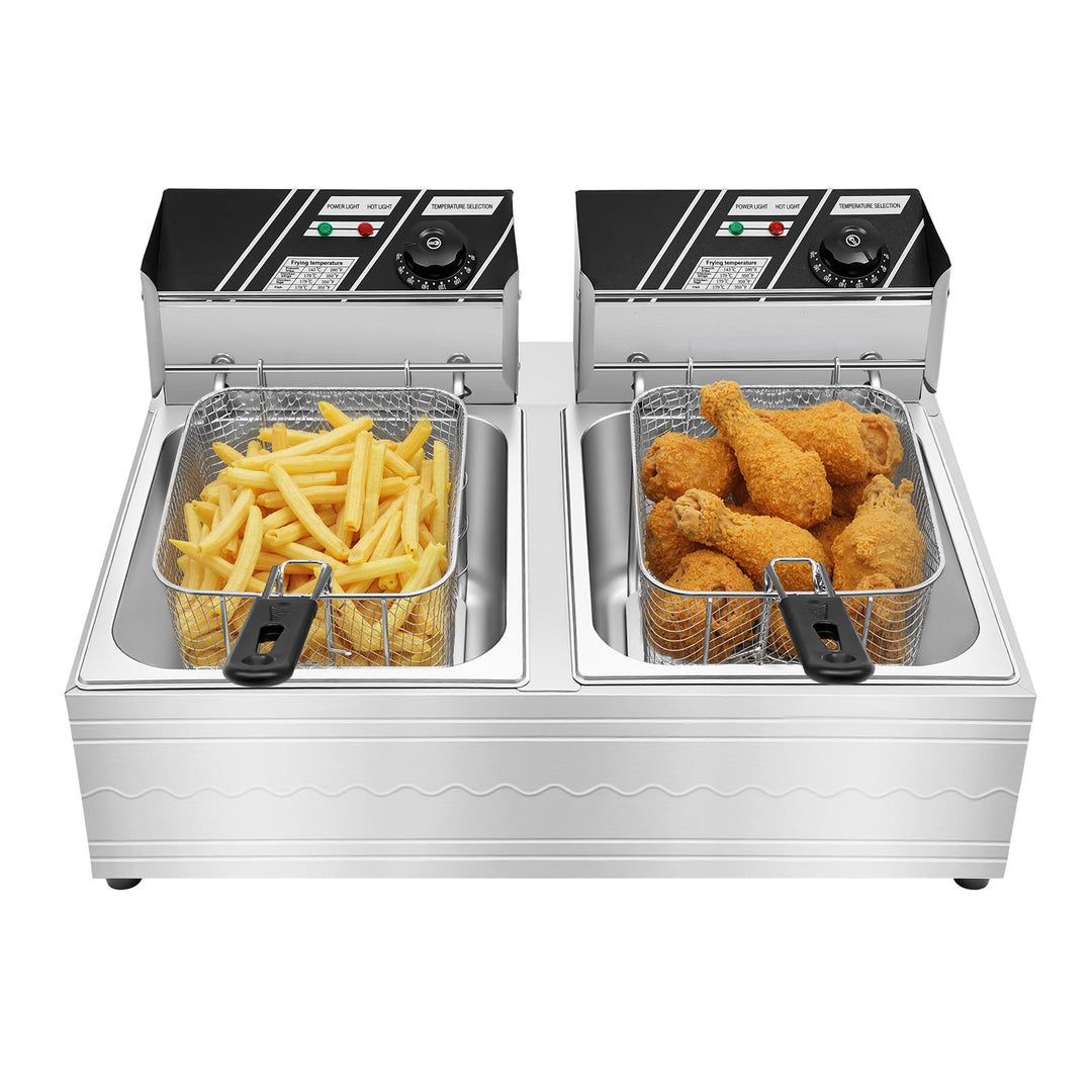 Doppelfritteuse 2x6L Edelstahl, elektrische Doppelbecken-Fritteuse 5000W, 60-200°C Temperaturregelun