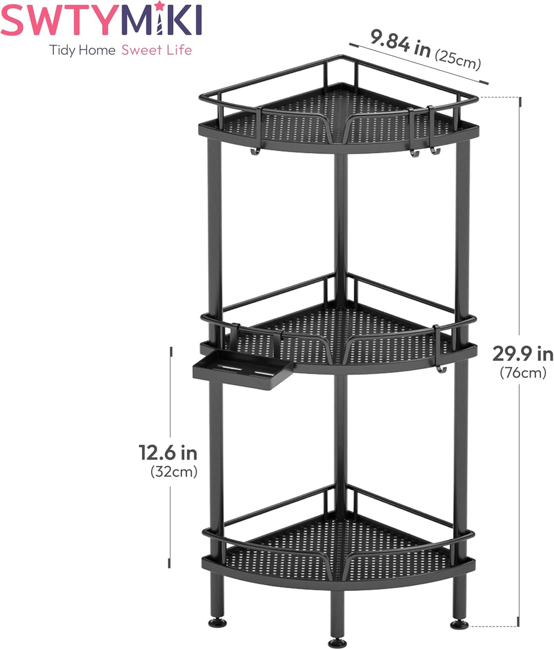 SWTYMIKI Duschablage Ecke Stehend 3 Stück - Duschregal Stehend Rostfrei mit Seifenablage & 4 Haken,