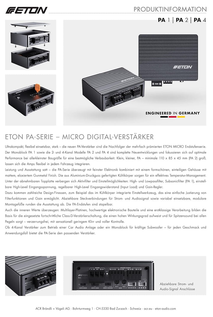 ETON PA 4 – ultra kompakter 4 Kanal Verstärker, leistungsstarke digitale Micro Endstufe für Autos un