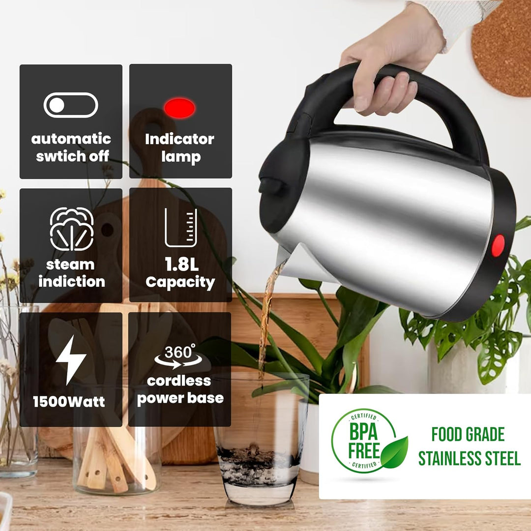 Leyf Edelstahl Wasserkocher 1,8L - 1500W, 360° drehbare Basis, Automatische Abschaltung, Überhitzung