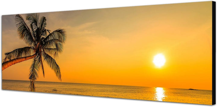 Panoramabild auf Leinwand und Keilrahmen 120x40cm Strand Meer Palme Sonnenuntergang