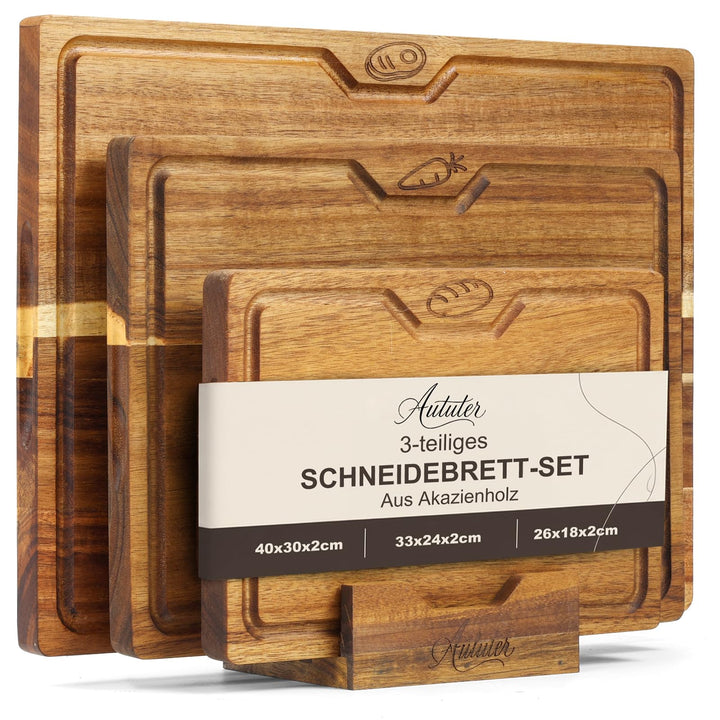 Akazienholz Schneidebrett Set 3-teilig mit Saftrille &amp; Griffmulde | Massives Holzbrett für Fleisch,