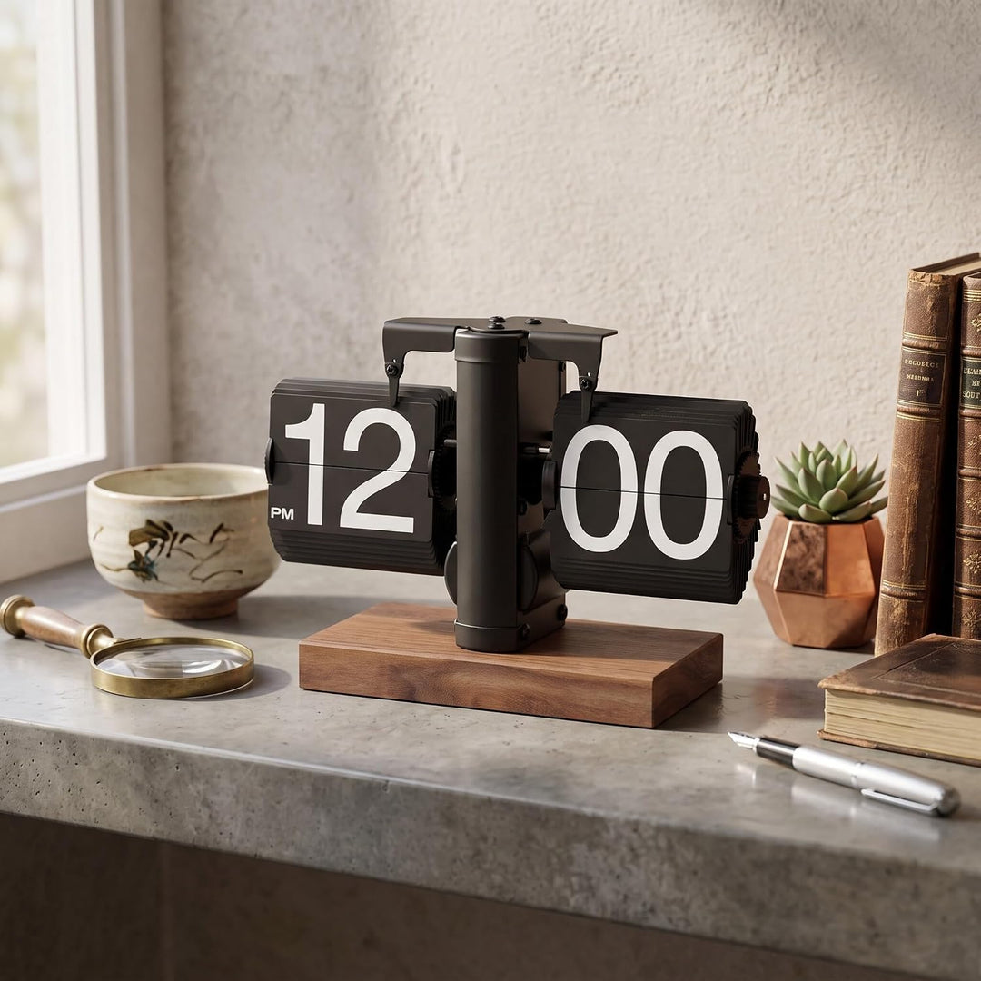 Ejoyous Retro Flip Clock, Grosse Zahlen, Einstellbarer Timer, Schwarznussmaterial, Luxusdesign, für