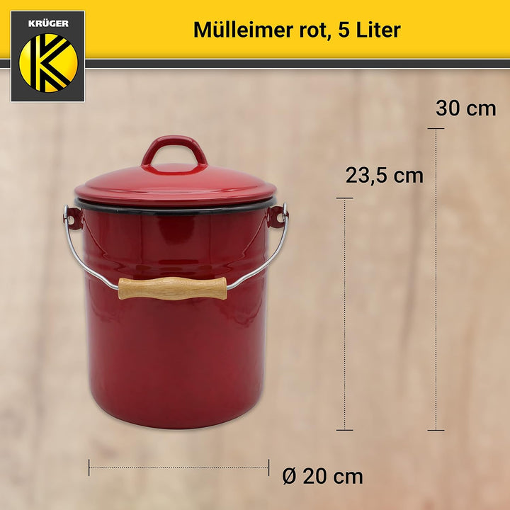 KRÜGER Mülleimer mit Deckel - Stahl Abfalleimer mit Emaille-Beschichtung und Holzgriff - schnitt- un