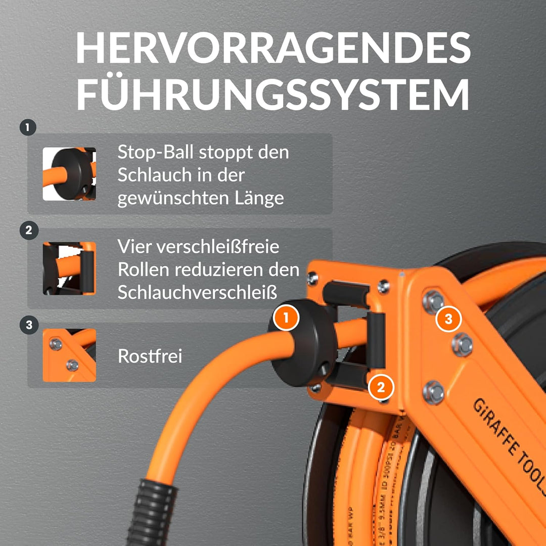 Giraffe Tools Automatik Druckluftschlauchtrommel 15M Plus mit 180° Schwenkbracket, Automatische Aufr