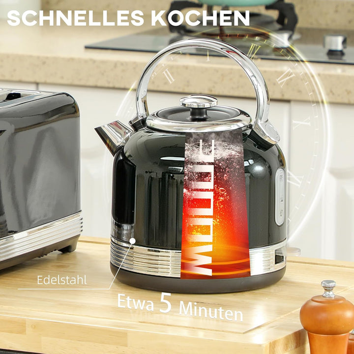 HOMCOM Wasserkocher Toaster Set Edelstahl 2200 W 1,7L Wasserkocher, 4 Scheiben Toaster, 7 Bräunungss