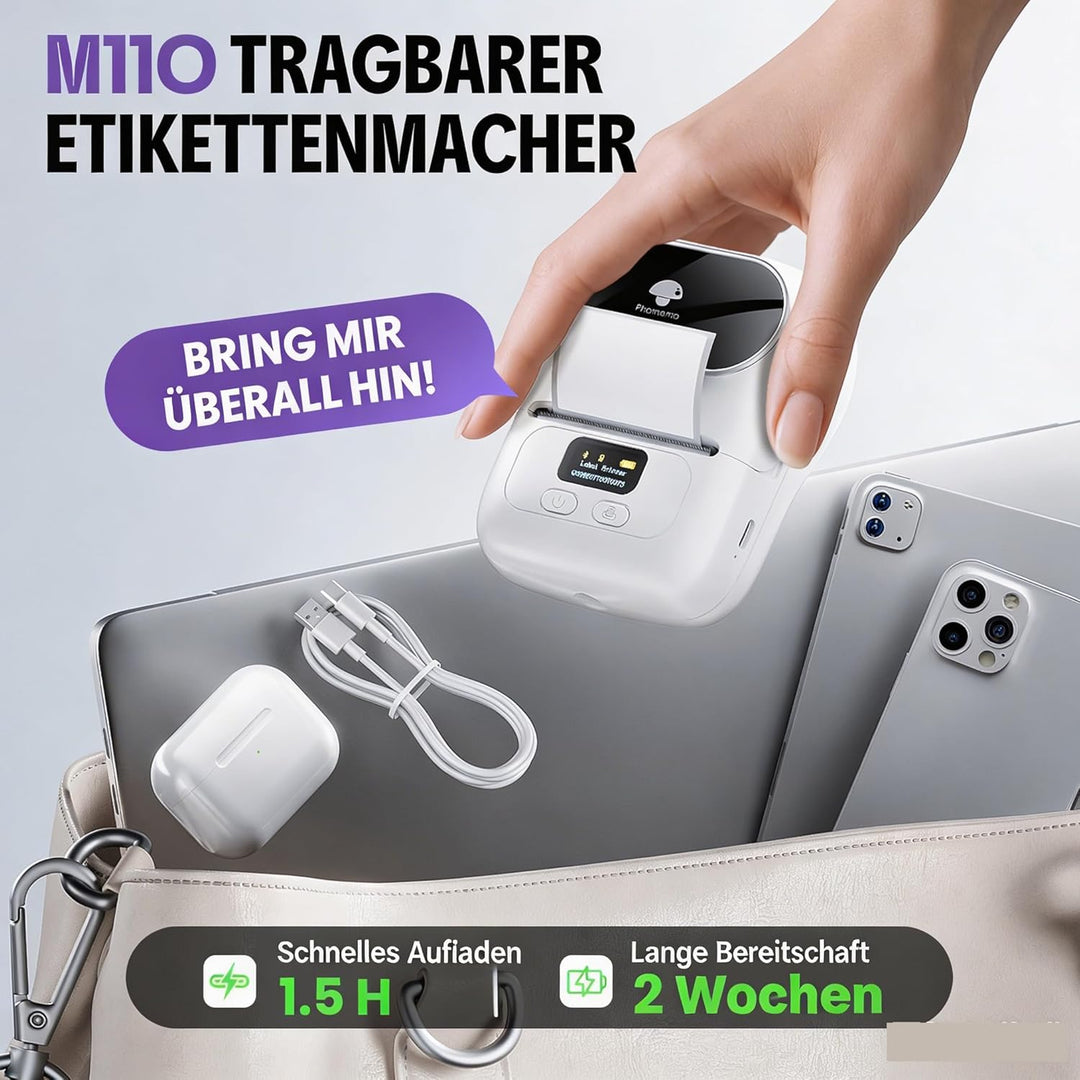 Phomemo M110 Etikettendrucker Bluetooth Etikettiergerät Beschriftungsgerät Selbstklebend, Label Prin