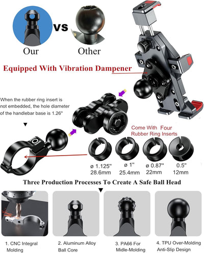 BRCOVAN Aluminiumlegierung Motorrad Handyhalterung mit Vibrationsdämpfer, One-Push-Automatiksperre 3