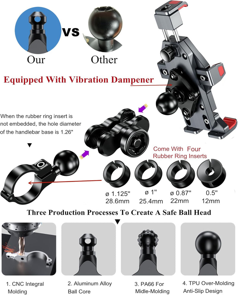 BRCOVAN Aluminiumlegierung Motorrad Handyhalterung mit Vibrationsdämpfer, One-Push-Automatiksperre 3