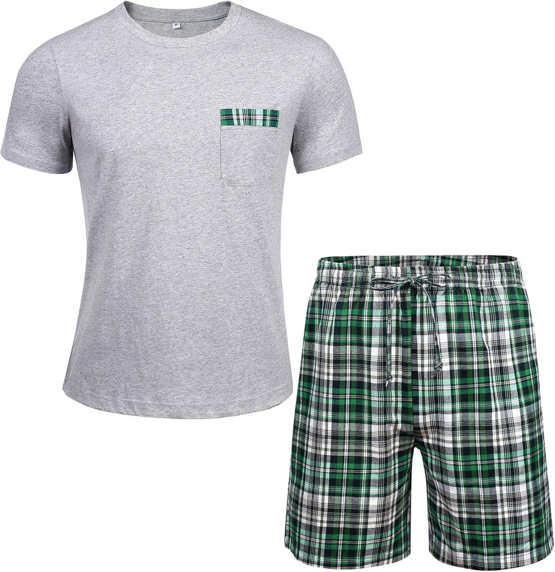 Schlafanzug Herren Kurz Pyjama 100% Baumwolle Kurzarm Nachtwäsche Nightwear Set mit Rundhals Design