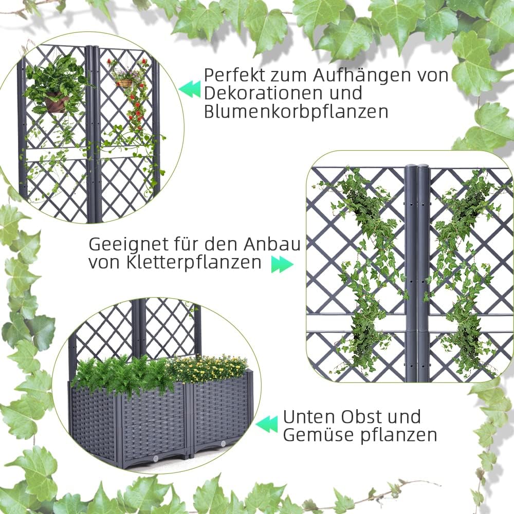 Mingone Pflanzgefäss mit Rankgitter Hochbeet Blumenkasten mit 2 Pflanzgefäss Wasserspeicher Balkonka