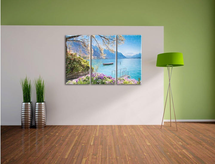 Pixxprint Genfer See im Sonnenschein als Leinwandbild/Grösse: 3 Teilig (120x80 cm) cm/Wandbild/Kunst