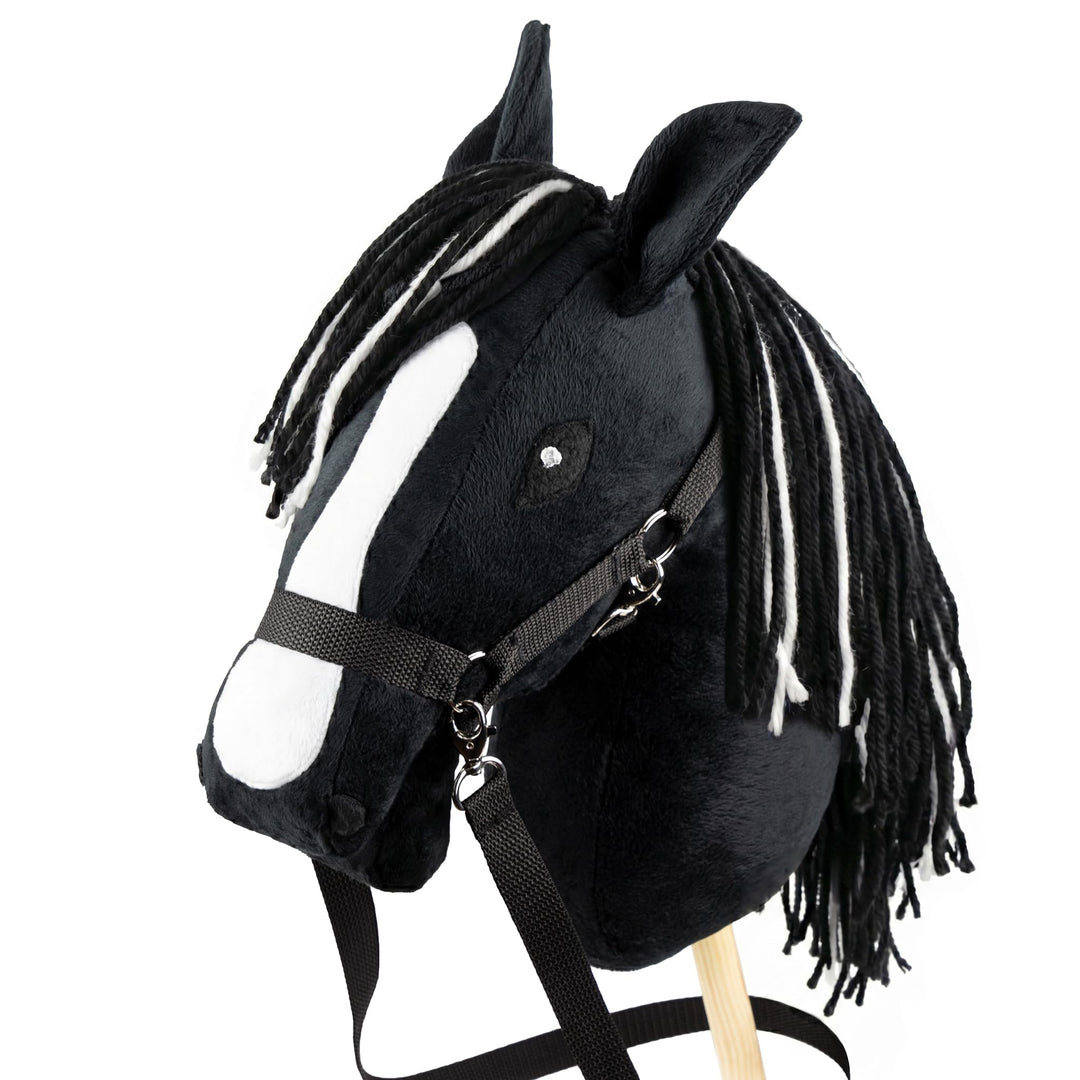 SKIPPI Hobby Horse Schwarz, A3 Steckenpferd mit Halfter und Zügeln im Set | Schwarzes Stockpferd mit