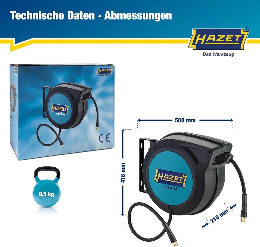 HAZET Schlauchtrommel 9040N-13 | Schlauch-Länge 15 m, Innendurchmesser: 13 mm, Druck: 20 bar für Dru