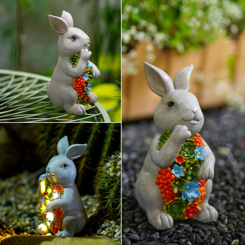 Yeomoo Solar Kaninchen Figuren Gartendeko für Draussen,Hase mit Sukkulenten Solarlampe Deko Bunny Fi