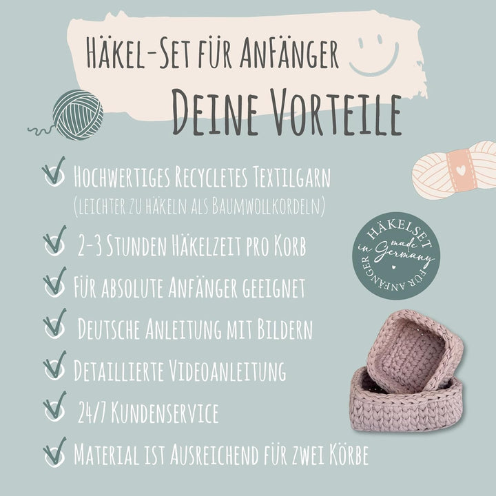 HÄKEL LIESE Häkelset für Anfänger - Kleiner Korb, Textilgarn, Crochet Set, DIY Set für Erwachsene, K