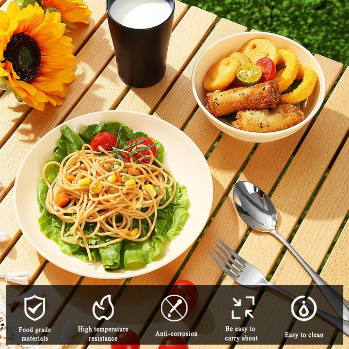 Kyraton Camping Besteck Set, wiederverwendbarer Leichter Becher, Schalen, Teller und Edelstahlbestec