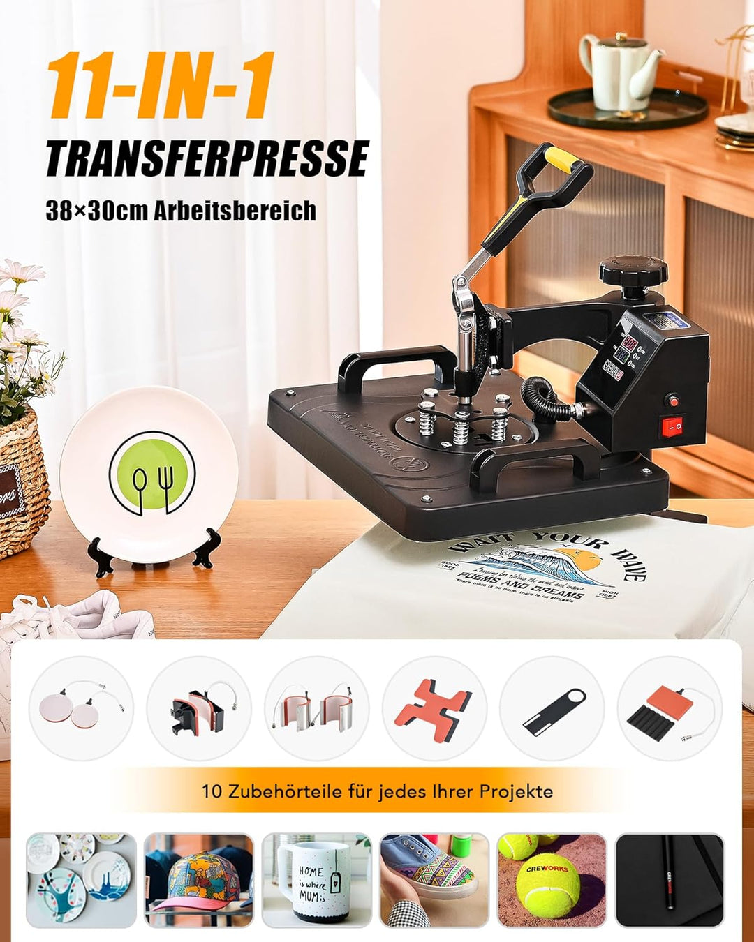 CREWORKS Transferpresse 11 in 1 Hitzepresse 38x30cm Hitzepressemaschine Multifunktionale Heisspressm