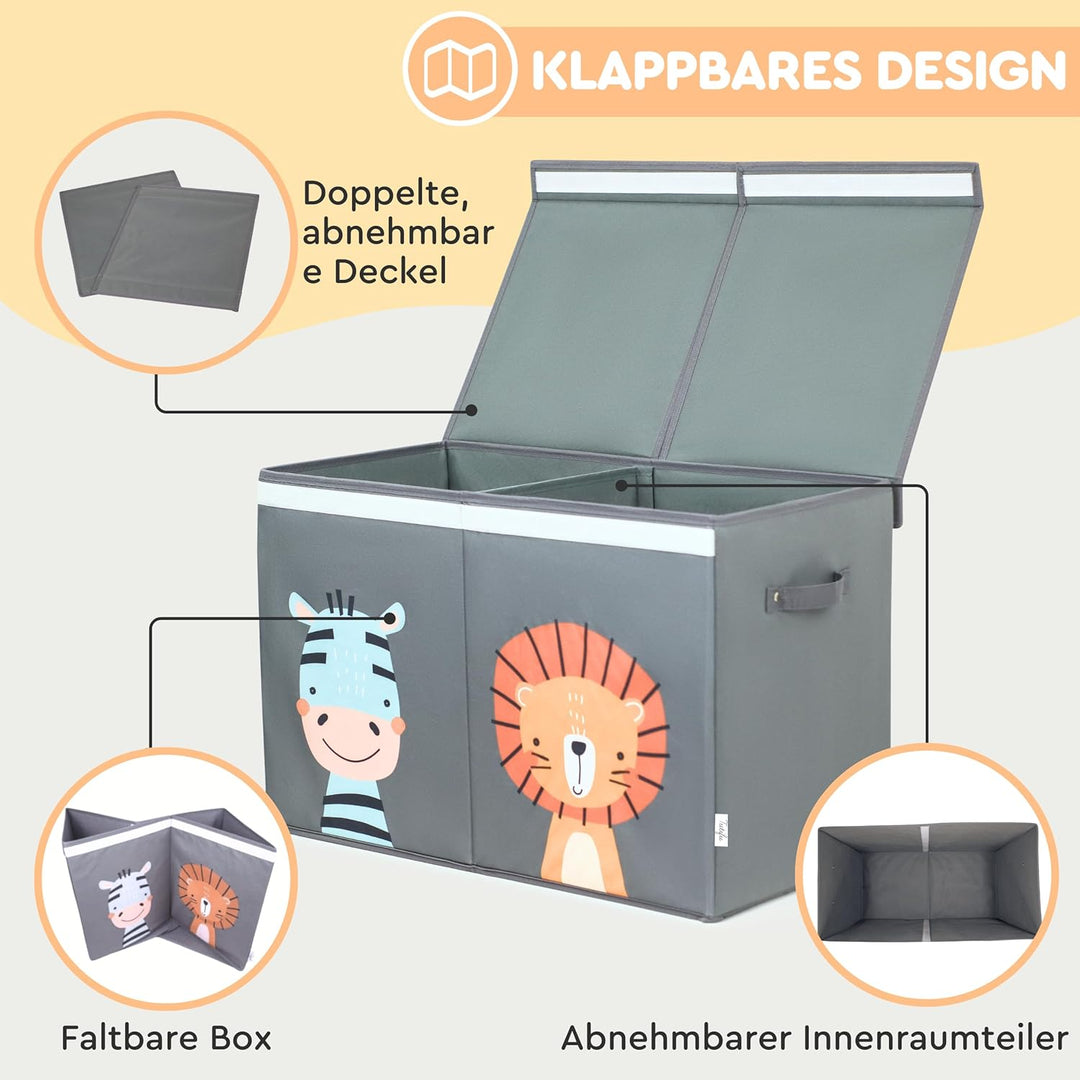 Faltbare Spielzeugkiste Grau mit Deckel und 78 Liter Inhalt. Verbesserte Version. Aufbewahrungsbox K