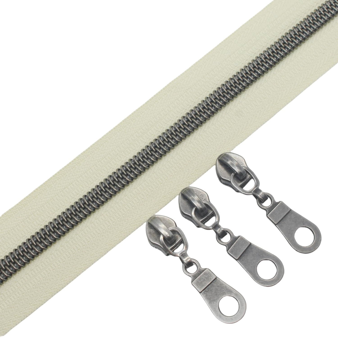 YaHoGa 9 m Altsilber endlos Reissverschluss Meterware Beige Reissverschluss 6mm-Spirale + 25 Nonlock