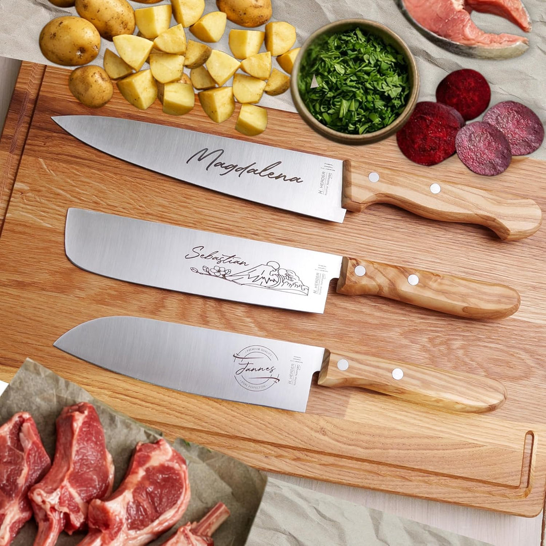 personalisiertes Premium Messer-Set von H. Herder mit Gravur – 4-teilig (Santoku, Nakiri, Koch- & Br