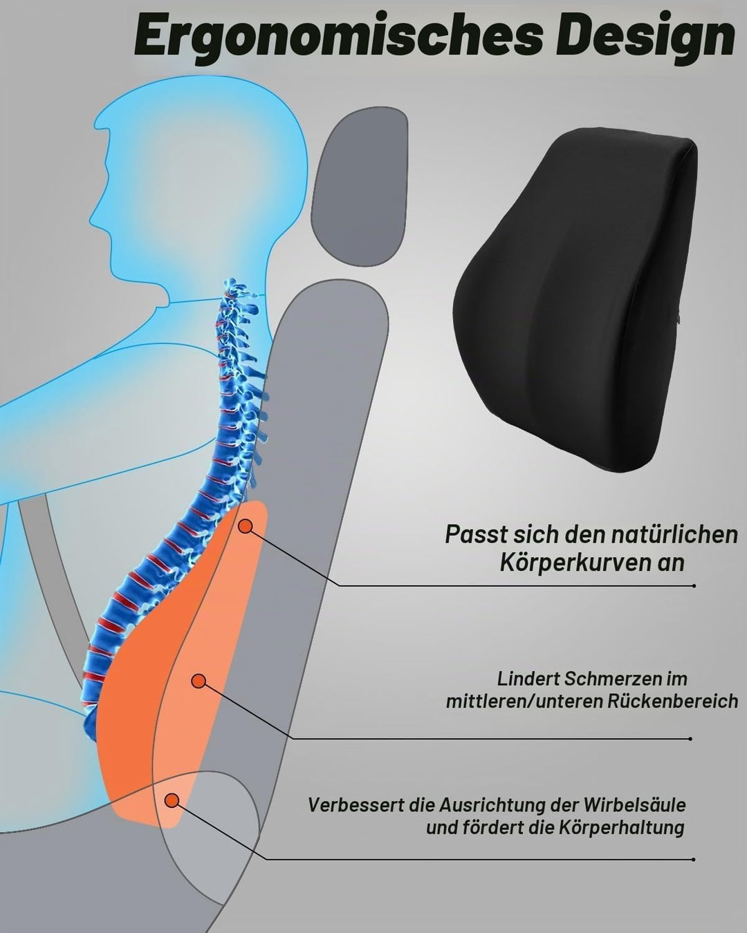 jutyum Lendenkissen Auto, Lordosenstütze Auto aus Memory Foam, Ergonomisches Lendenwirbelkissen, RüC