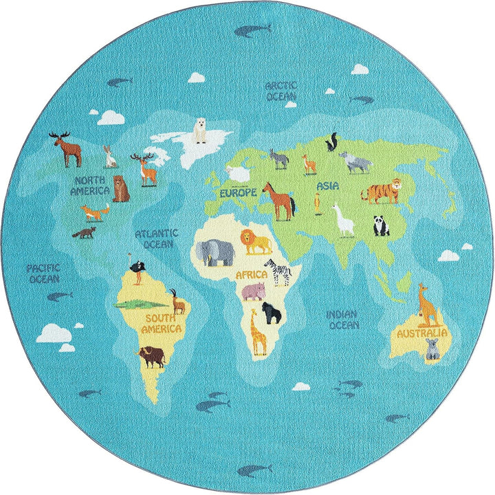 the carpet Happy Life – Spielteppich Weltkarte mit Tieren &amp; Kontinenten, Kinderteppich für Kinderzim