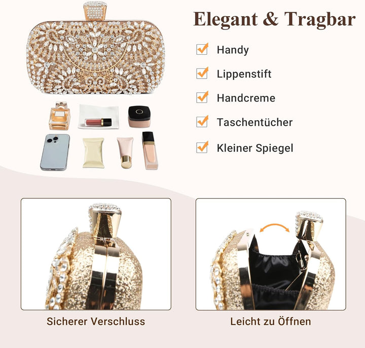 DIRRONA Strass Damen Handtasche Elegante Hochzeits Braut Clutch Bag Exquisite Kettentasche Glitzer P