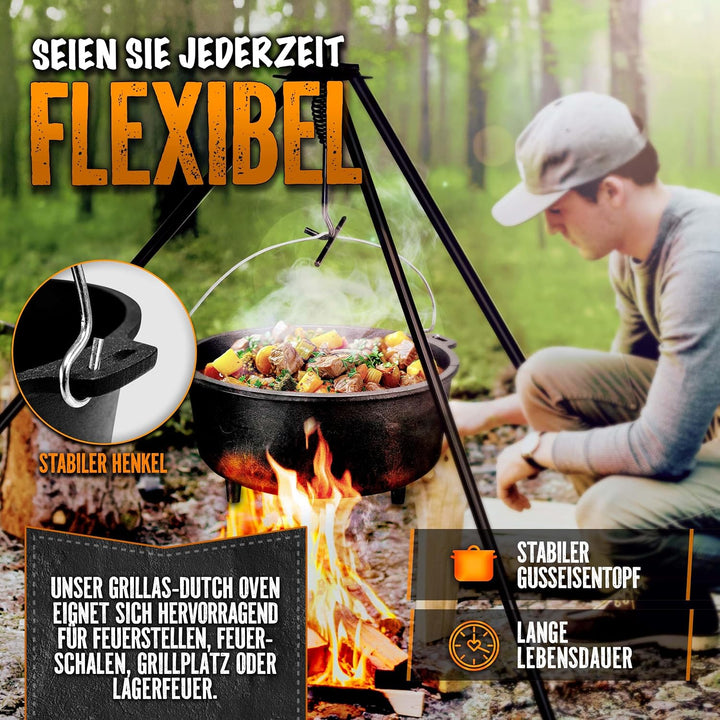 grillas Dutch Oven Set inkl. Rezeptideen | bereits eingebrannt - preseasoned | Feuertopf Gusseisen I