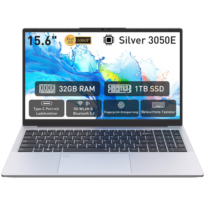 Auusda Laptop 15,6 Zoll, Notebook mit 32GB RAM 1TB SSD, Fingerabdrucksensor, beleuchtete Tastatur, 3