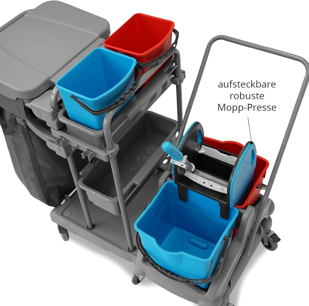 Hypafol Putzwagen Reinigungswagen Set | 2 x 18 l Eimer mit Wischmopp-Presse | Kehrgarnitur mit lange