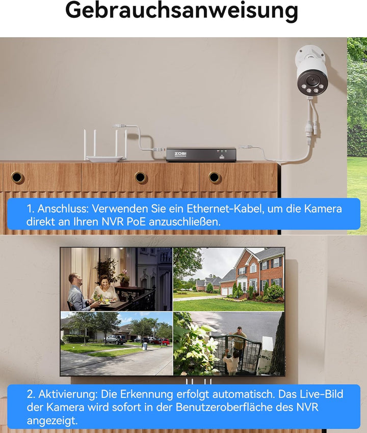 ZOSI 4K 8MP PoE Überwachungskamera Aussen mit Audio, Personen-/Fahrzeugerkennung, IR Nachtsicht, NUR