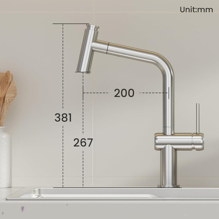CECIPA Wasserhahn Küche Ausziehbar, Edelstahl Küchenarmatur mit Brause Zwei Wasserstrahlarten, Hochd