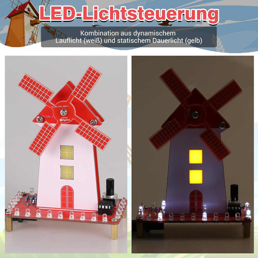 LED Windmühle Löt Bausatz, ElektoLoter DIY Windmill Elektronik Baukasten mit Einstellbare Drehzahl,