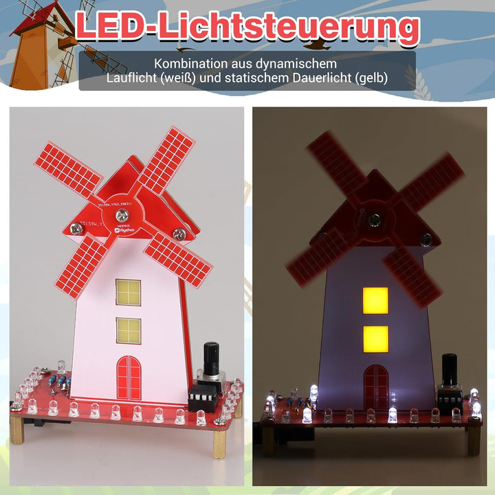 LED Windmühle Löt Bausatz, ElektoLoter DIY Windmill Elektronik Baukasten mit Einstellbare Drehzahl,