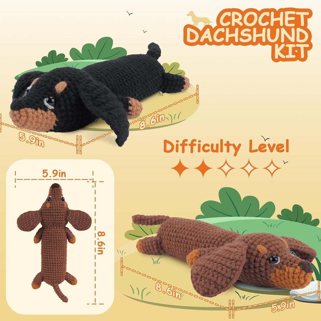 Häkelset für Anfänger - Tier Kit mit Dackel Garn, Haken, Nadeln und Schritt-für-Schritt-Video - Eins