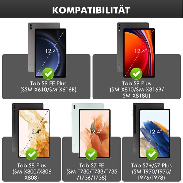 SOPPY Hülle mit Tastatur für 12,4'' Samsung Galaxy Tab S9 FE+/S9 Plus/S8+/S7+/S7 FE, Kabellose 7-Far