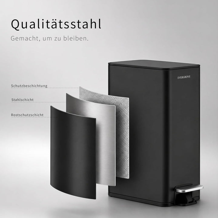 EverGrove 10 L Edelstahl-Treteimer, 14 cm breit, fürs Bad, Matte Black | Nur 14 cm breit: mit Absenk