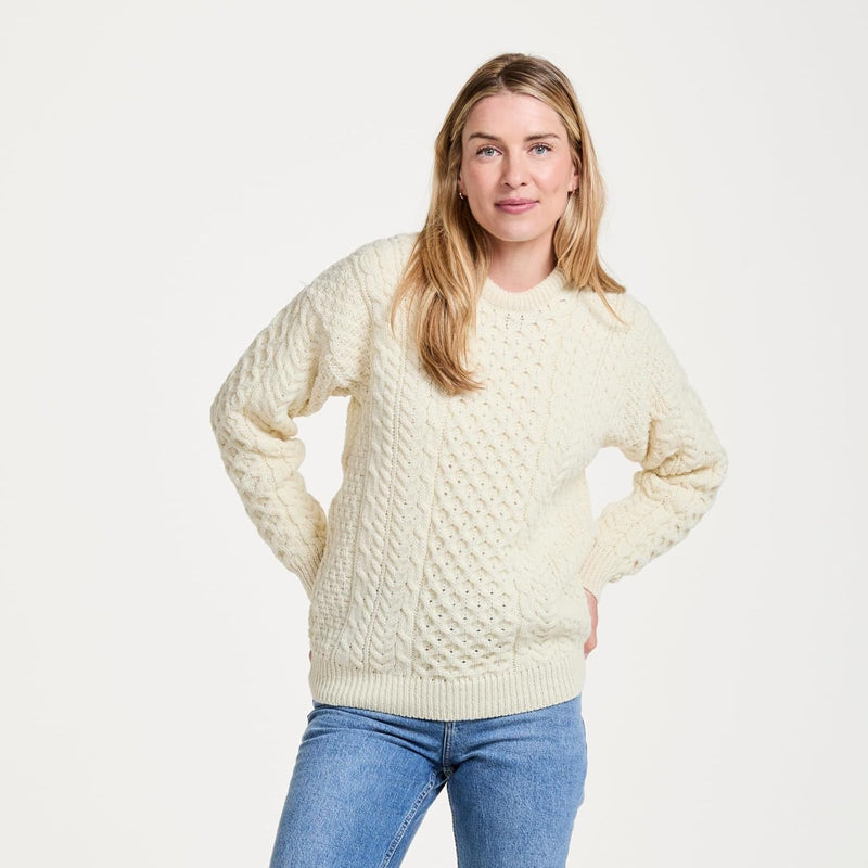 Aran-Pullover, 100% reine Wolle, Oatmeal L Wollweiss, L Wollweiss