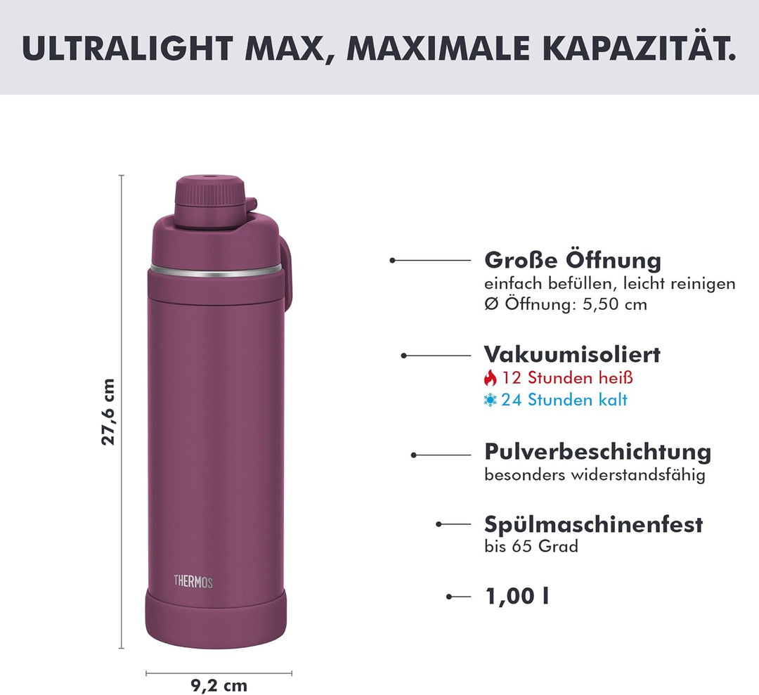 THERMOS ULTRALIGHT MAX Isolier-Trinkflasche lila matt 1,0l, Thermosflasche für Sport, 24h kalt & 12h