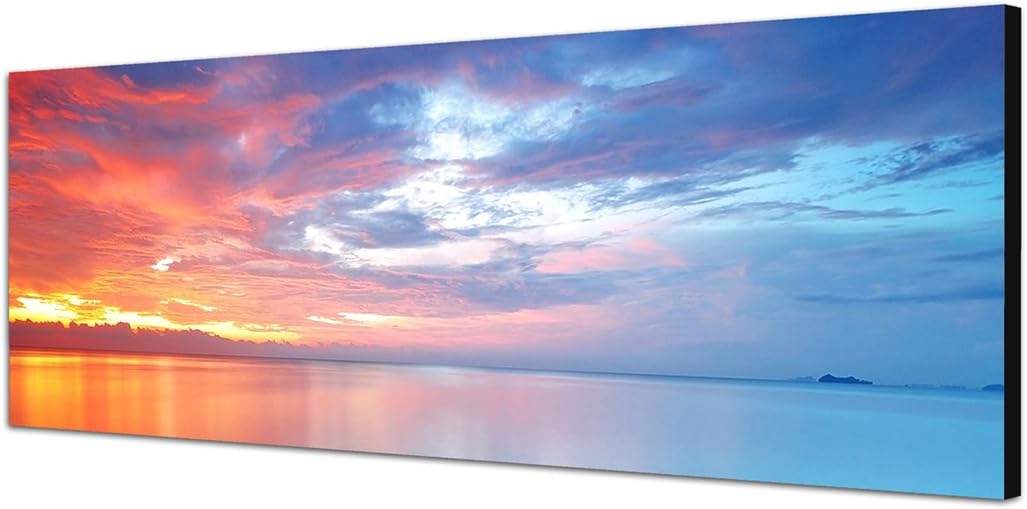 Paul Sinus Art Panoramabild auf Leinwand und Keilrahmen 150x50cm Meer Wolkenhimmel Abendrot Spiegelu